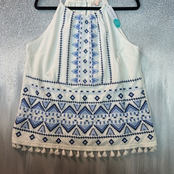 Skies Are Blue Ivory and Navy Embroidered Halter Top - Picture 1 of 8